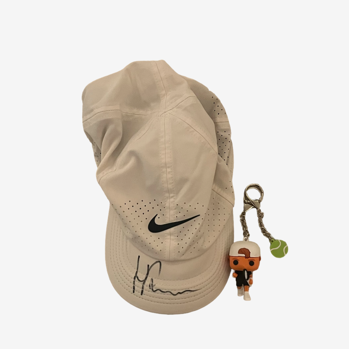 Signed white cap and Pop Art keychain #9