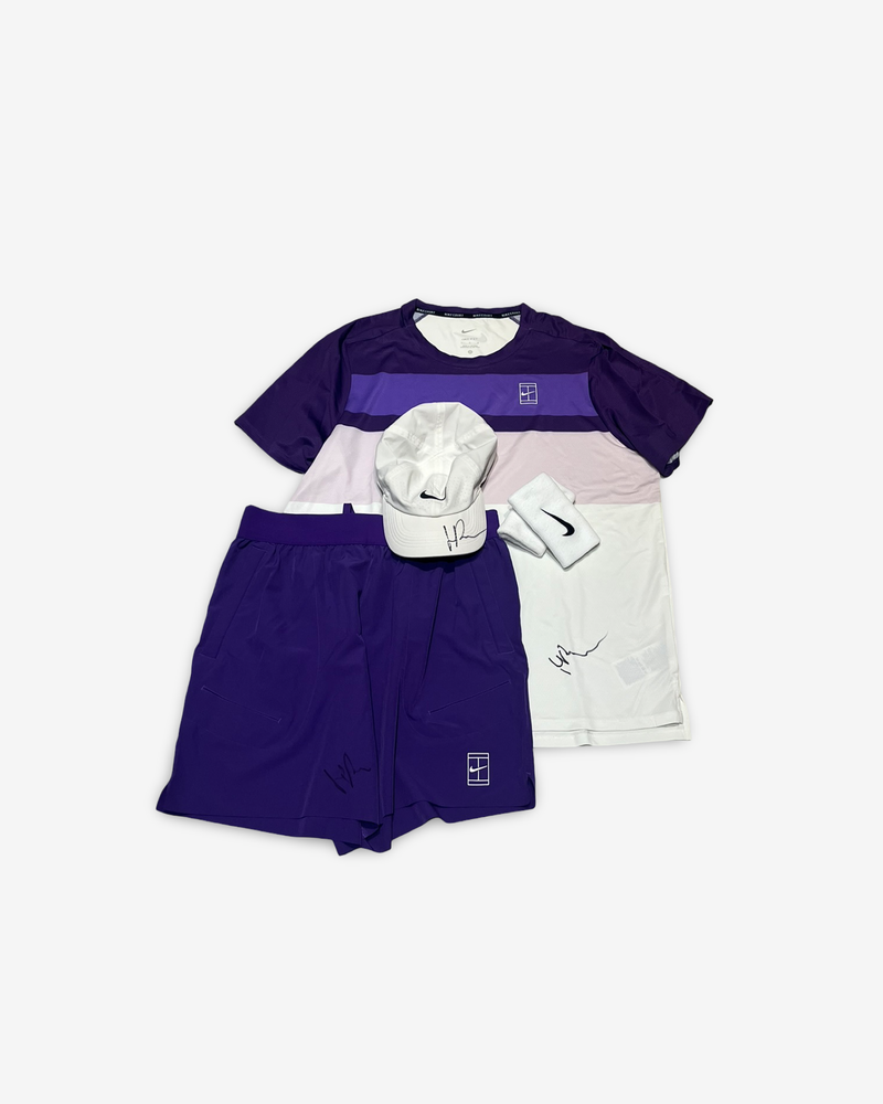Signed and practice worn. Purple/white complete outfit