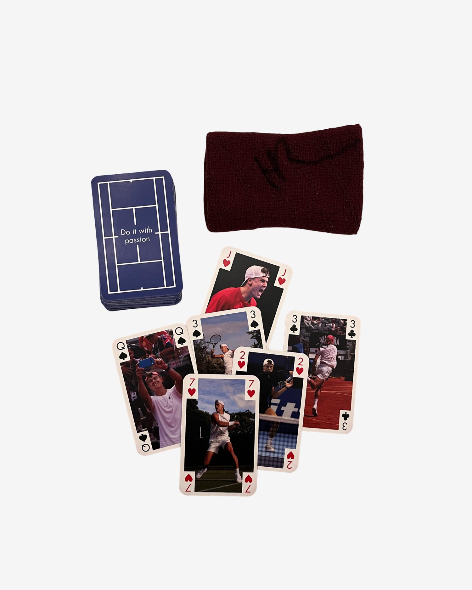 One signed used wristband, burgundy and card game