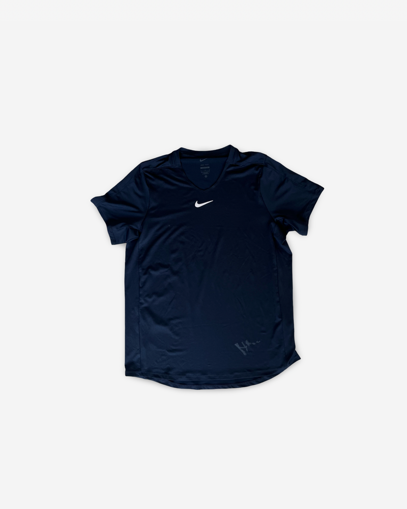 Signed and match worn. Dark blue match shirt