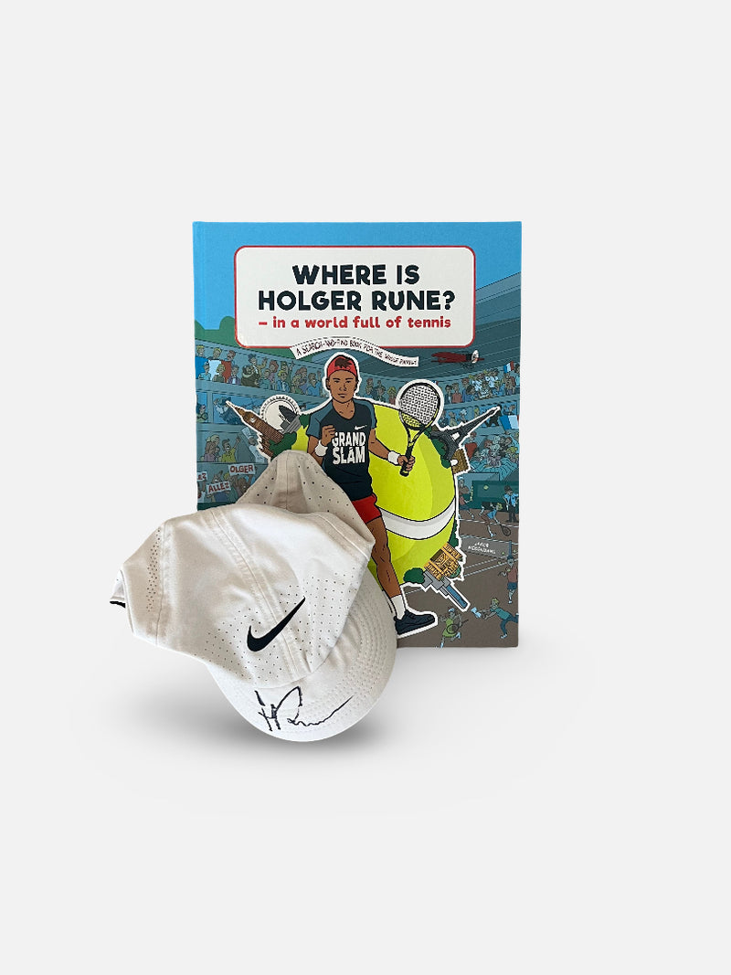 Unique offer. Signed cap used in match and Holgers “search and find” tennis book