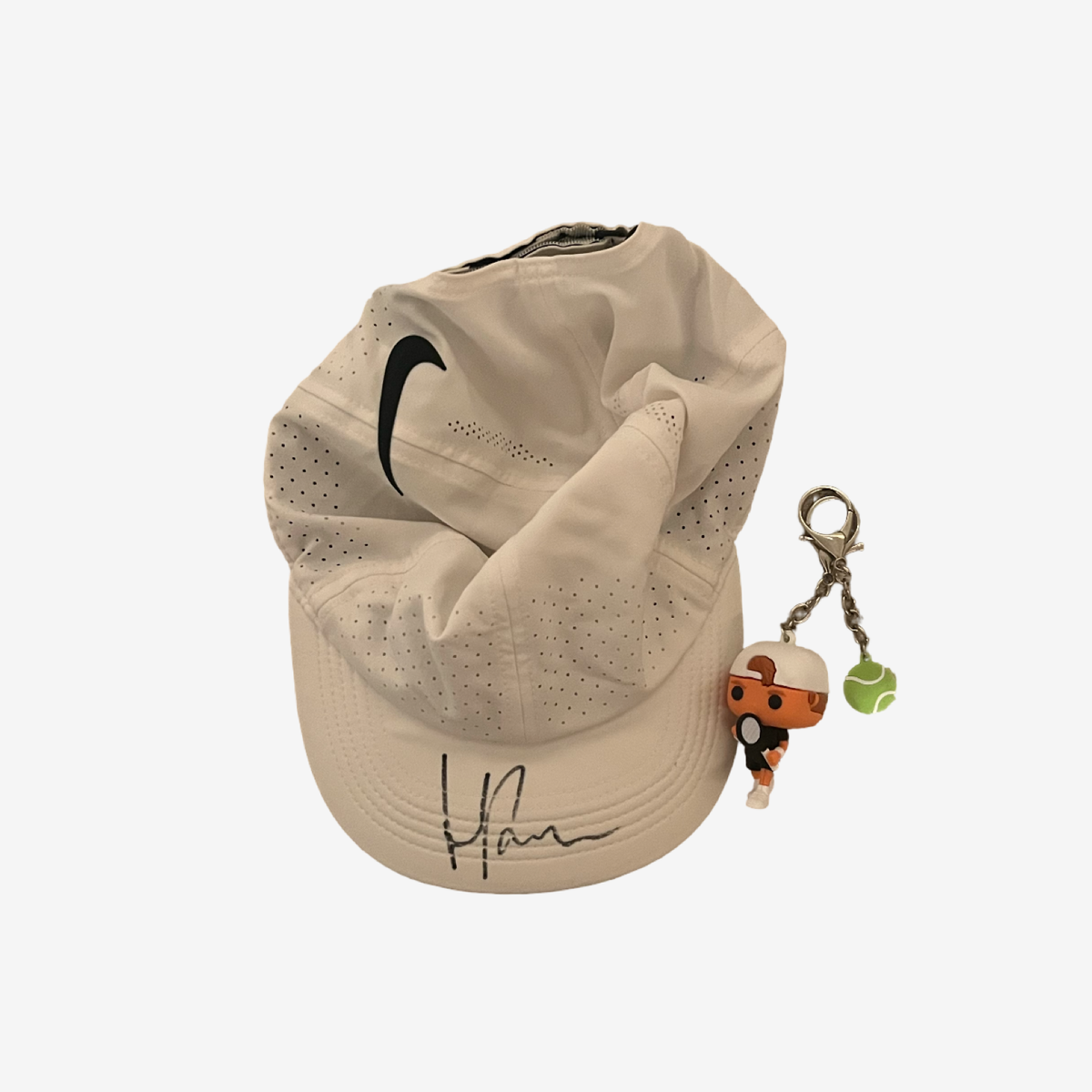 Signed white cap and Pop Art keychain #7