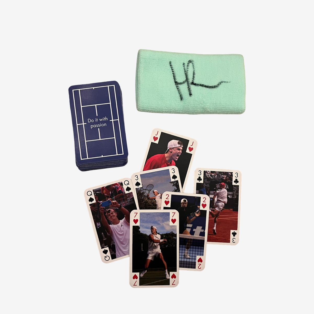 One Signed mint green wristband and card game