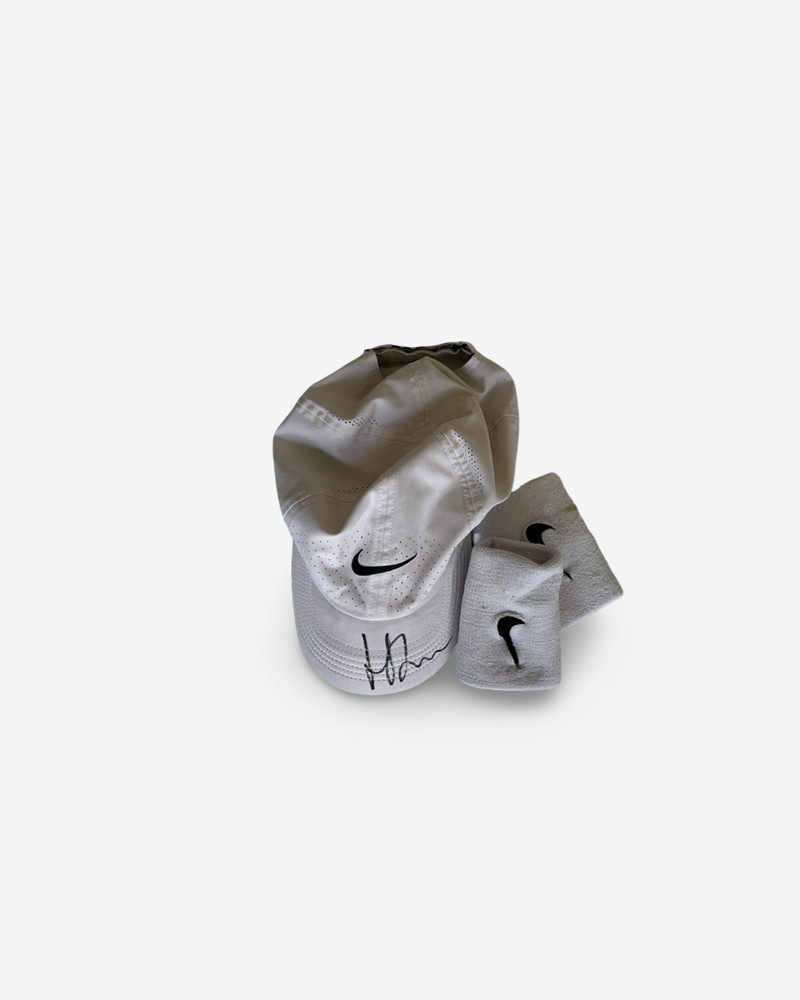 White match cap, signed and wristbands
