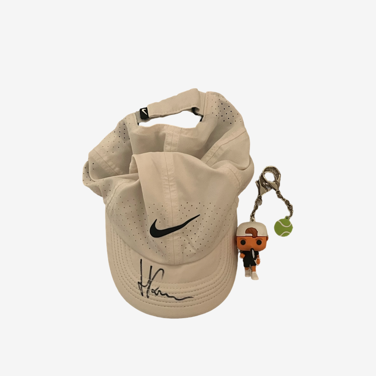 Signed white cap and Pop Art keychain #3