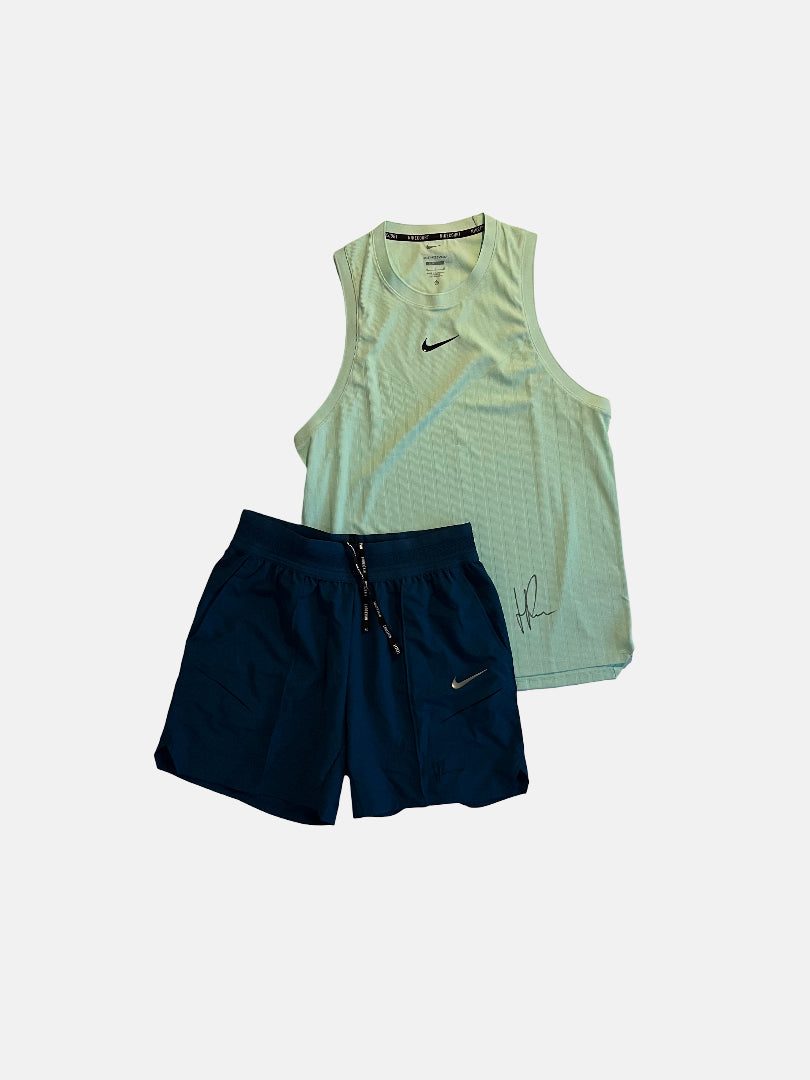 Signed match outfit , sleeveless Shirt, mint green + blue shorts