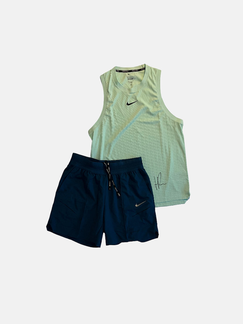 Signed match outfit , sleeveless Shirt, mint green + blue shorts